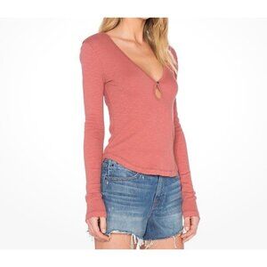 Free People Tate Long Sleeve Layering Shirt Size Medium Ribbed Keyhole Earth Red